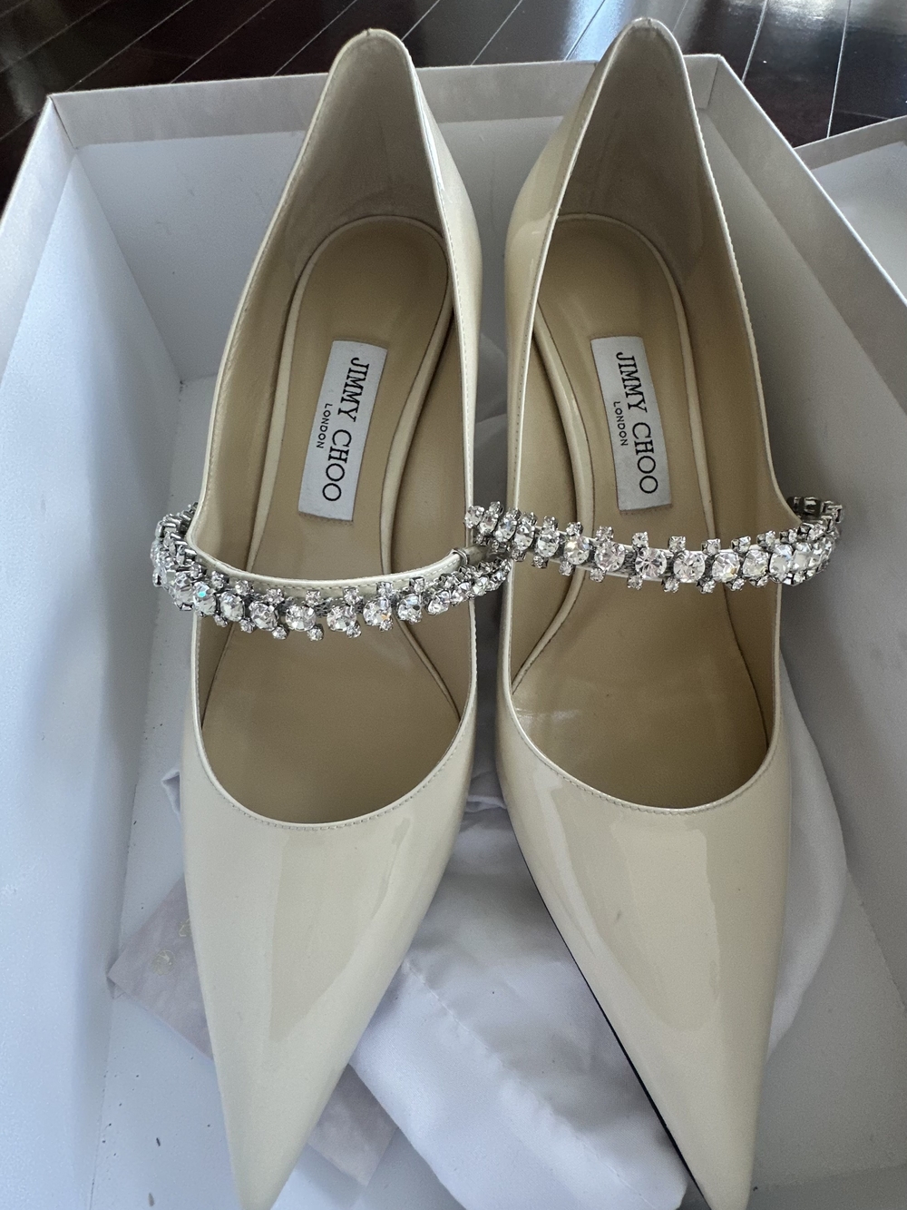Jimmy Choo Ivory Patent Pointed-Toe Pumps with Crystal Strap